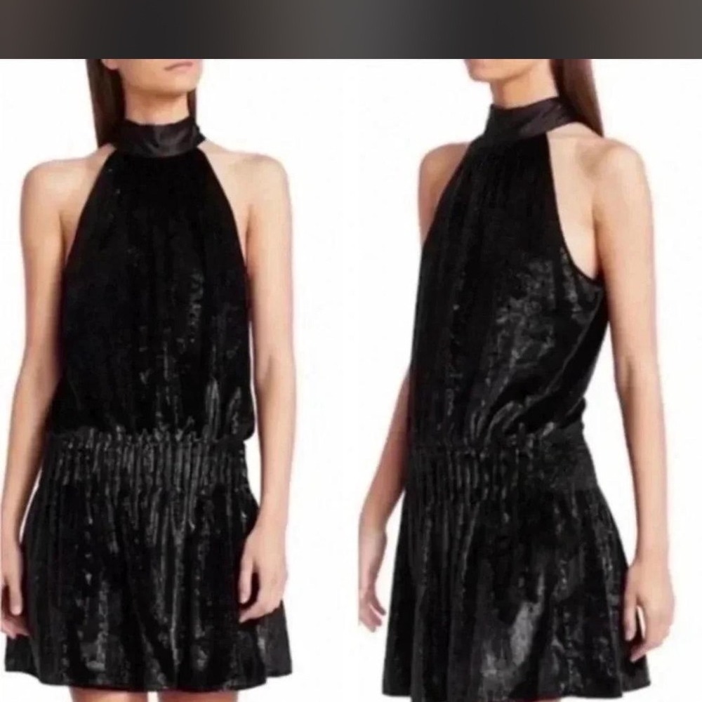 NWT Ramy Brook Womens XS Black Velvet Lori‎ Halter Neck Satin Bow Mini Dress